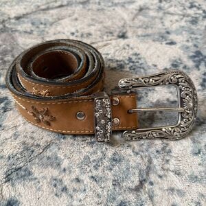 Nocona Belt Company Genuine Leather Belt Womens XL Floral Stitched Brown